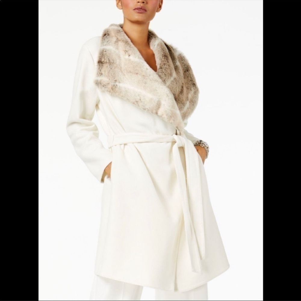 Alfani Ivory Trench Coat with Faux Fur Accent